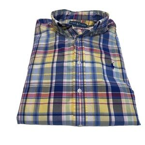 Men's Ralph Lauren Classic Fit Striped Plaid Oxford Shirt Blue Large